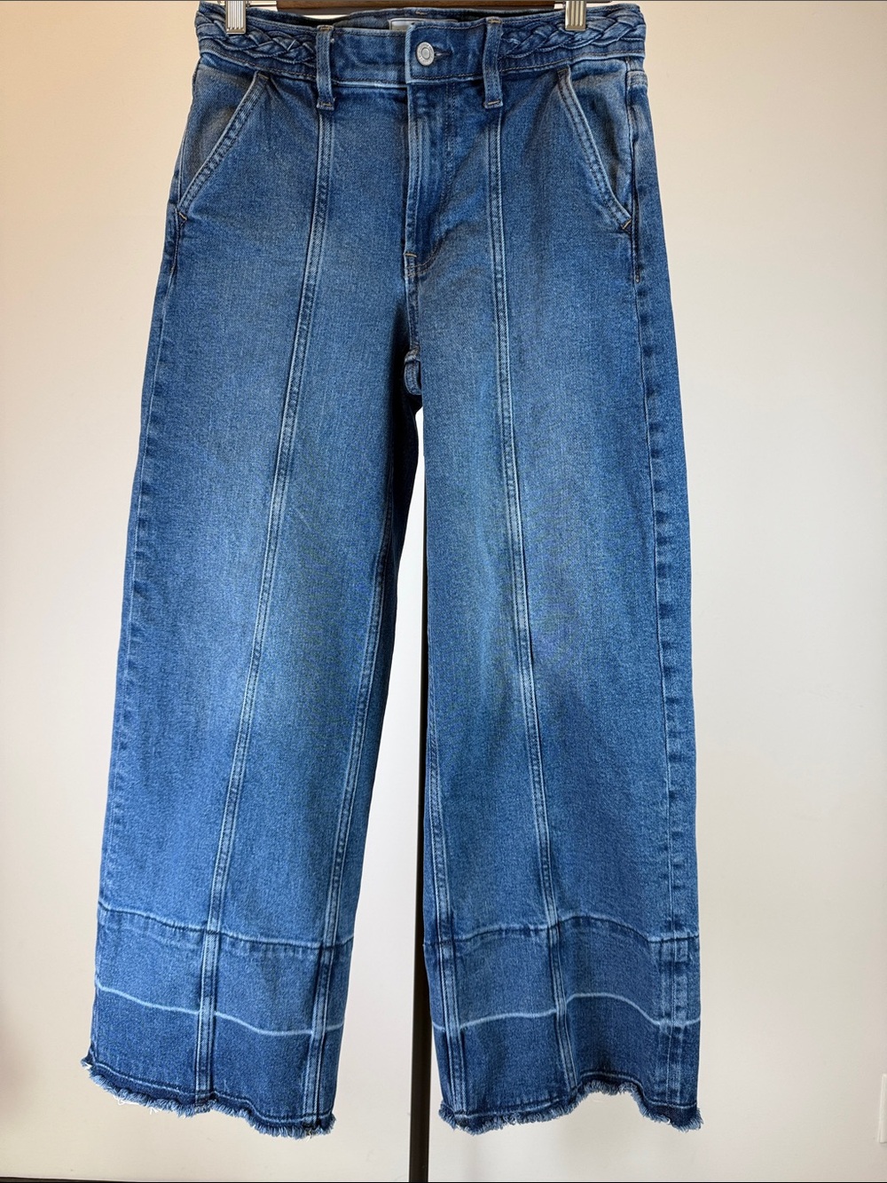 Gap High Rise Stride Wide Leg Seamed Jeans Braided Waist Raw Hem | Size 27/4P